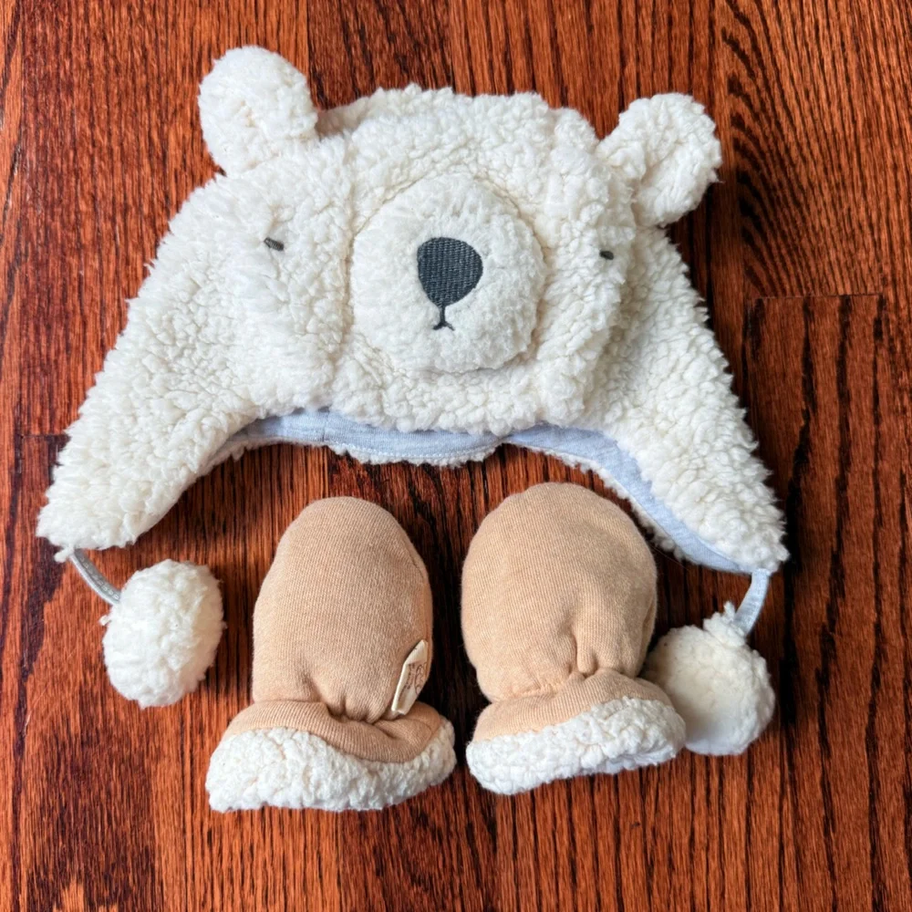 Cozy Bear Kids Hat and Mittens Set - Cream and Tan - Size 0-3